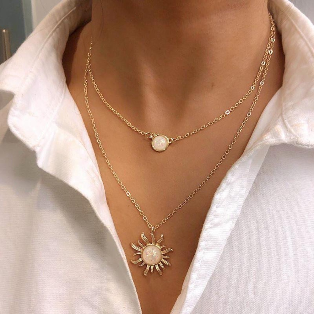 Sunflower and Circle Opal Double Necklace